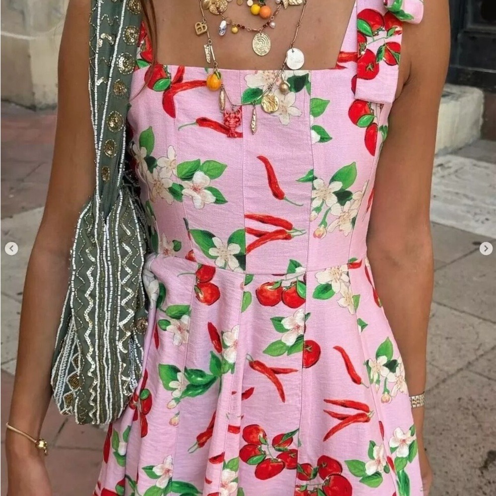 ZARA Cherry Print Tie Shoulder Mini Dress Womens Medium Pink Coquette Dainty Y2K - Picture 2 of 15